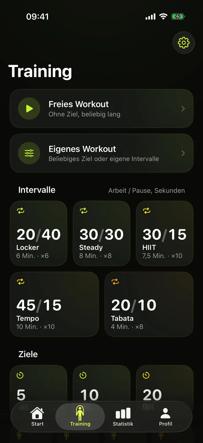 RopeFlow-Tab „Training“: freies Workout, eigenes Workout, Intervallprogramme von Locker 20/40 bis Tabata und Ziel-Workouts